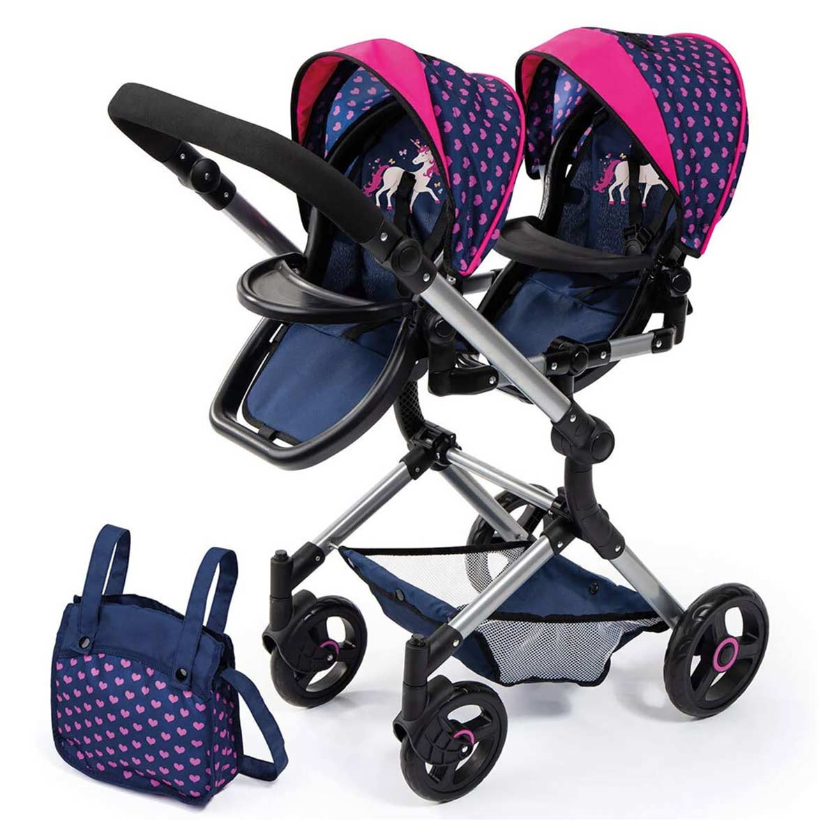 TWIN DOLL PRAM BLUE AND PINK