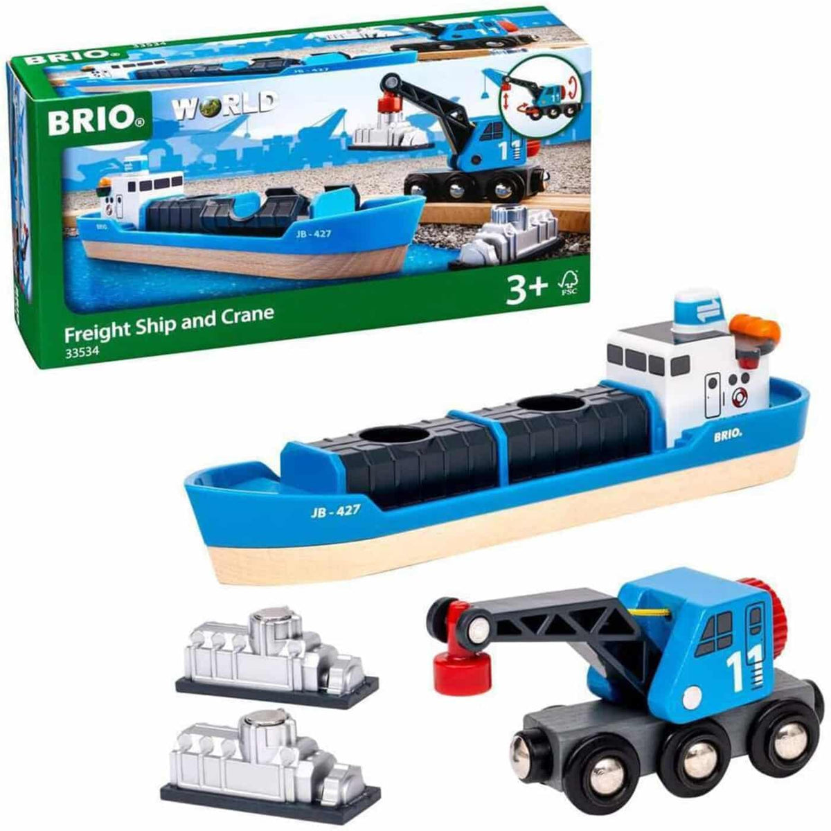 BRIO VEHICLE - FREIGHT SHIP AND CRANE - 4 PIECES - 33534