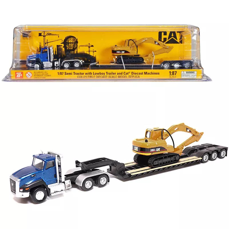 1:87 DIE CAST SEMI TRACTOR AND LOWBOY TRAILER WITH CAT ASSORTMENT
