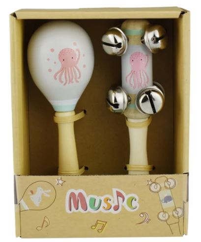 CALM AND BREEZY SEAGULL WOODEN MARACA AND BELL SET-OCTOPUS