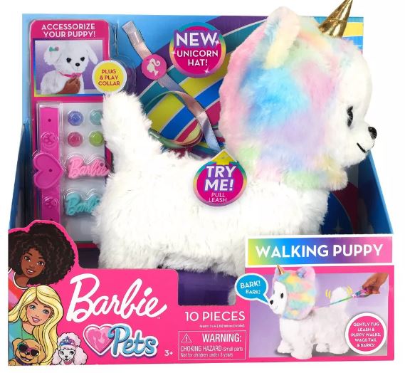 BARBIE PETS - WALKING PUPPY WITH UNICORN HAT - 10 PIECES