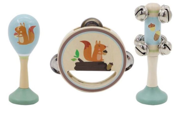 CALM AND BREEZY SQUIRREL WOODEN 3 PC MUSICAL SET