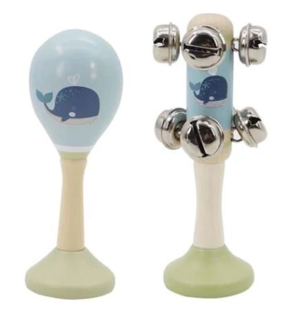 CALM AND BREEZY SEAGULL WOODEN MARACA AND BELL SET-BLUE WHALE