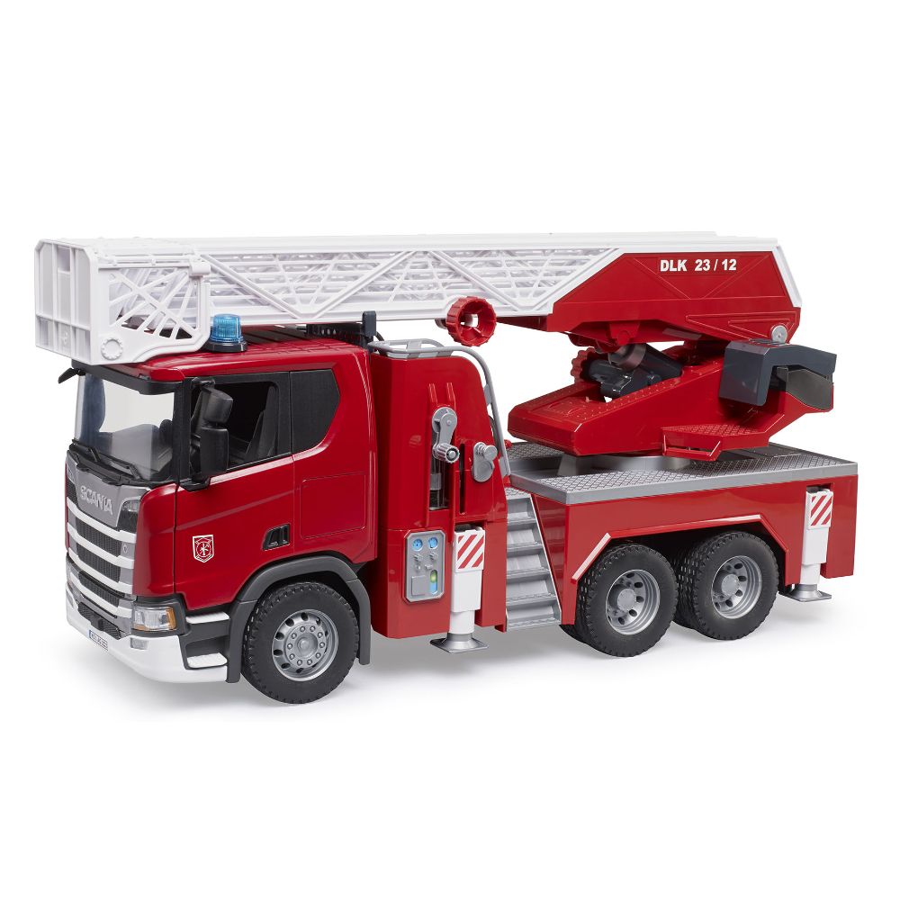 BRUDER - EMERGENCY SCANIA SUPER 560R FIRE ENGINE W LADDER, SLEWING LADDER, WATER PUMP AND LIGHTS AND SOUNDS