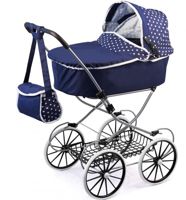 BAYER CLASSIC DELUXE PRAM - DARK BLUE WITH WHITE HEARTS