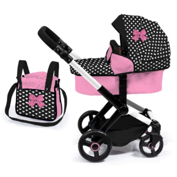 BAYER COMPACT DOLL PRAM - PINK/WHITE HEARTS & PINK BOW