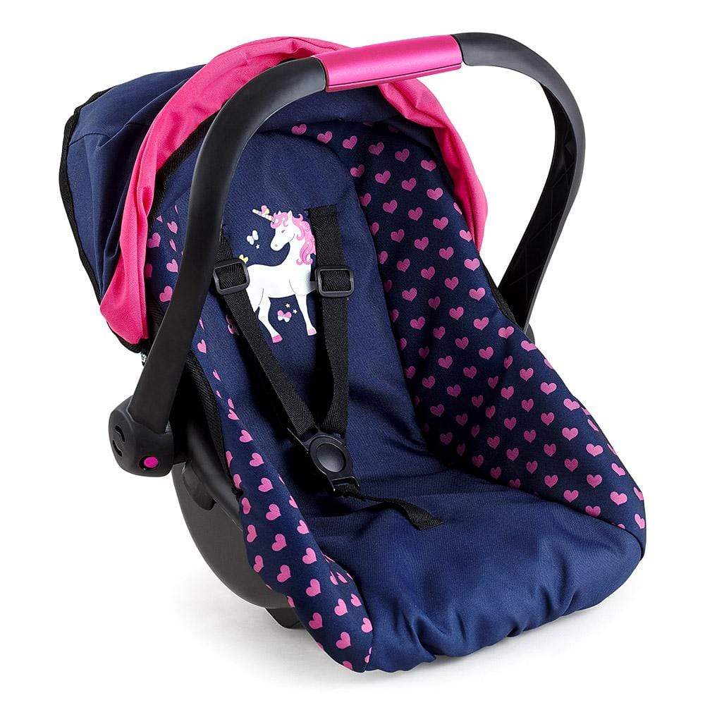 BAYER DOLL CAR BOOSTER SEAT DARK BLUE PINK HEARTS AND UNICORN