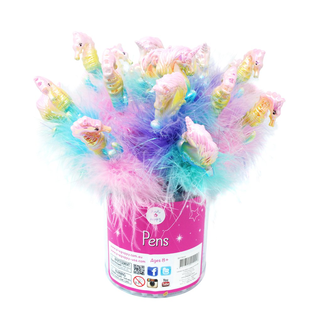 PINK POPPY SEAHORSE AND UNICORN FLUFFY PENS