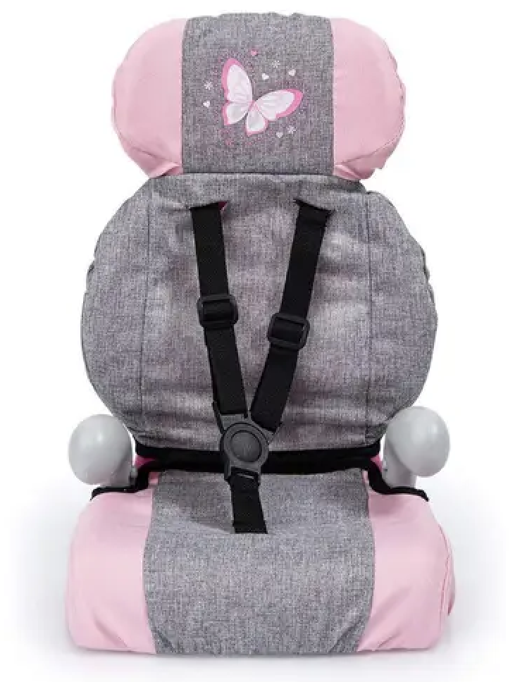 BAYER DOLL CAR BOOSTER SEAT GREY & PINK WITH BUTTERFLY