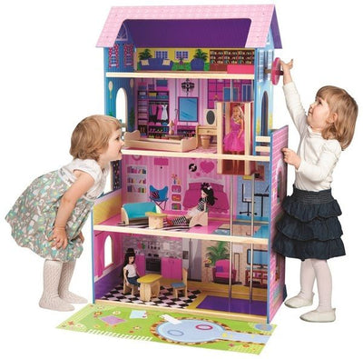 WOODEN DOLLHOUSE WITH ELEVATOR & FURNITURE